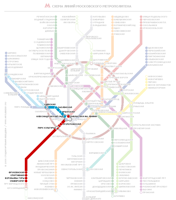 Схема движения в московском метро от станции «Киевская-кольцевая» до станции «Университет»