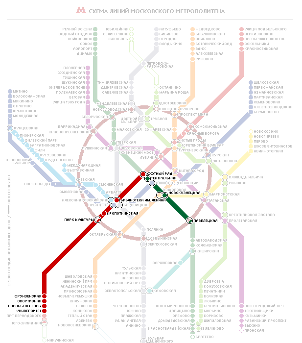 Схема движения в московском метро от станции «Павелецкая-кольцевая» до станции «Университет»
